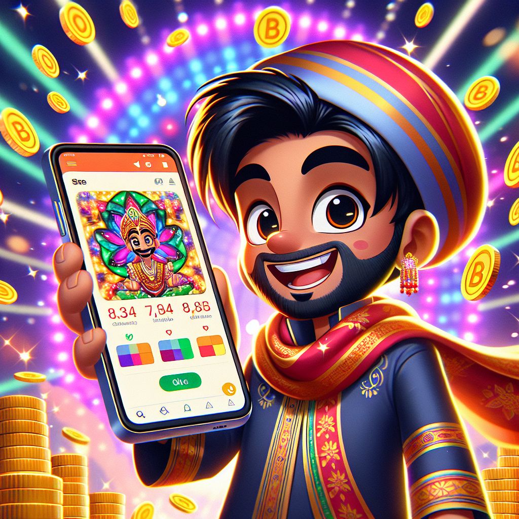 BGD4444 cartoon character holding a smartphone with game icons and coins