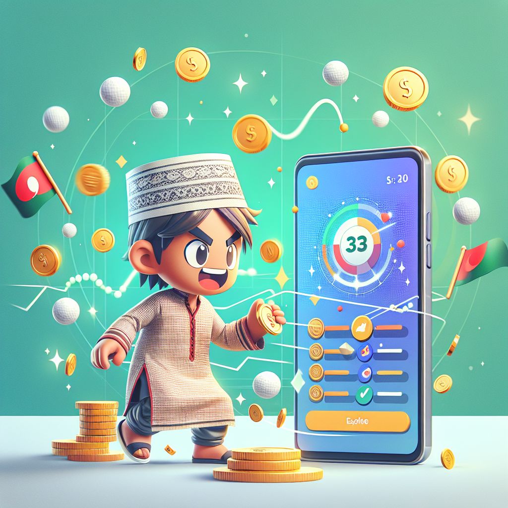 BGD4444 themed cartoon characters betting on sports with coins and a mobile app interface