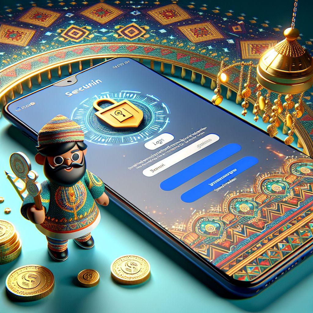 BGD4444 cartoon character holding a shield and a phone with a login screen