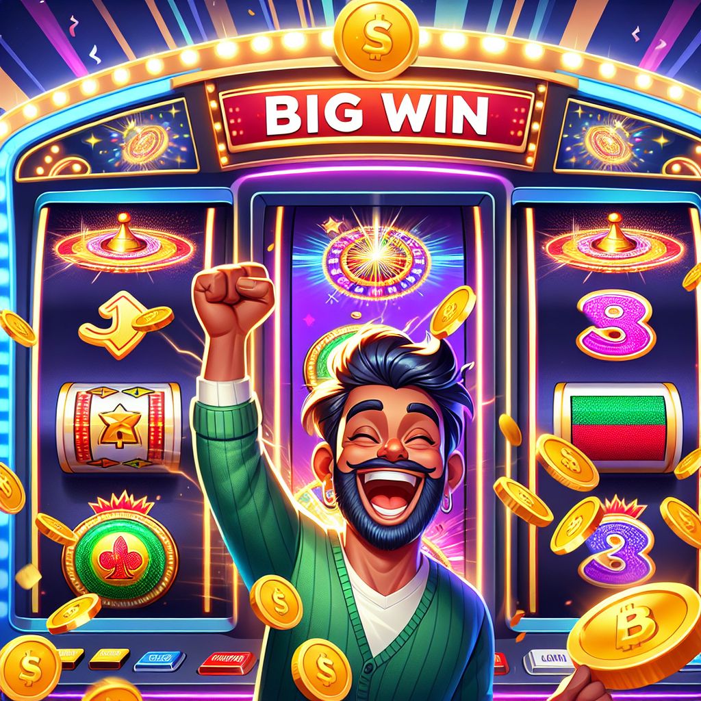Cartoon slot player celebrating a big win with coins and reels